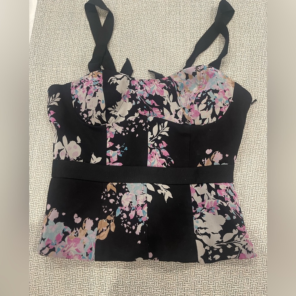 bebe Black Floral Bustier Camisole with Pink & Cream Accents